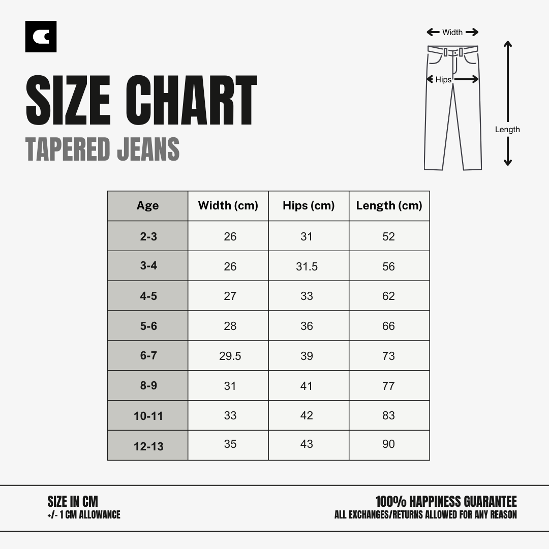 Size chart for tapered jeans with measurements in centimeters for age, width, hips, and length.
