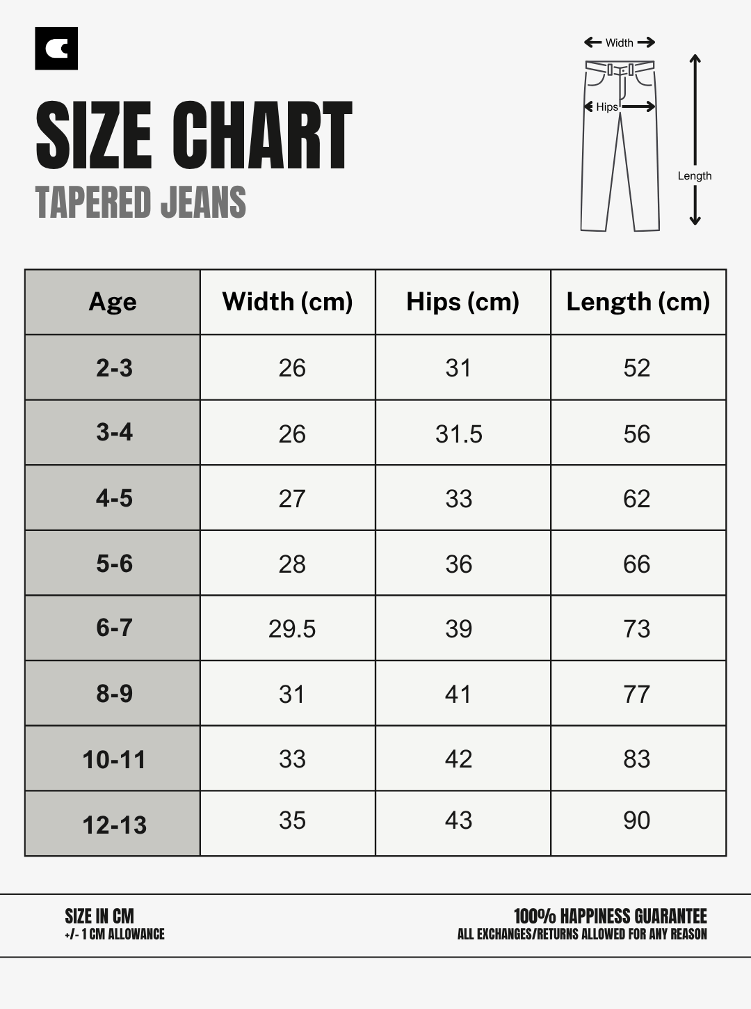 Size chart for tapered jeans with measurements in centimeters for age, width, hips, and length.
