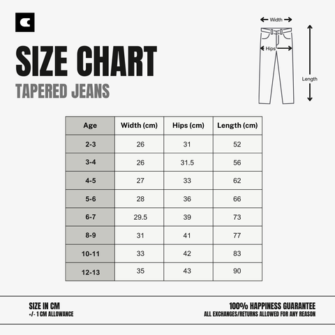 Size chart for tapered jeans with measurements in centimeters for age, width, hips, and length.
